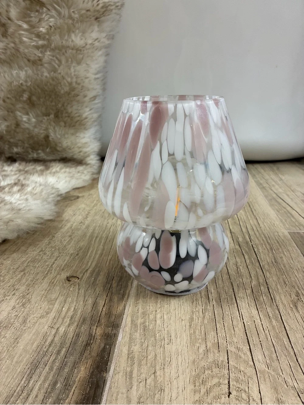 Pink & White Speckled Glass Mushroom Table Lamp Battery Operated Accent Light